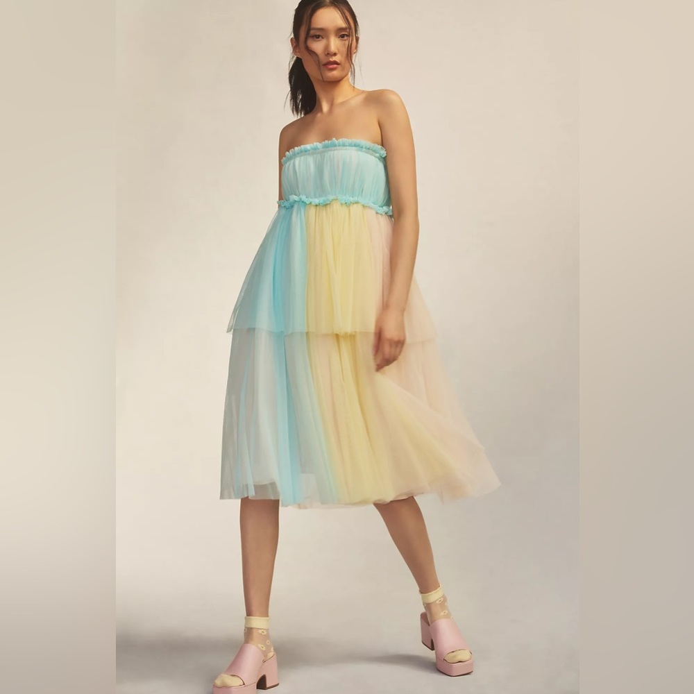 Pernille Rosenkilde Strapless Tiered Rainbow Tulle Mini Dress